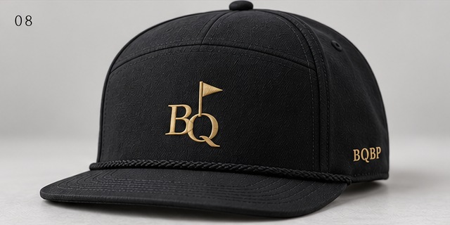 Black BQ rope hat with gold embroidery, design preview