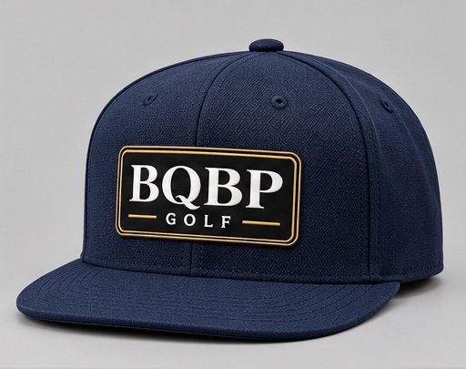 Navy Patch Snapback design preview with black, white and gold rectangular BQBP Golf logo