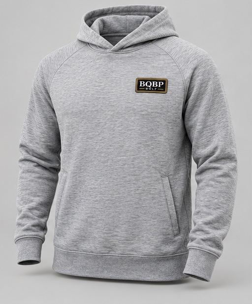 Silver Patch Hoodie design preview with black, white and gold rectangular BQBP Golf logo