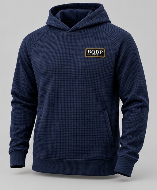 Navy Patch Hoodie design preview with black, white and gold rectangular BQBP Golf logo